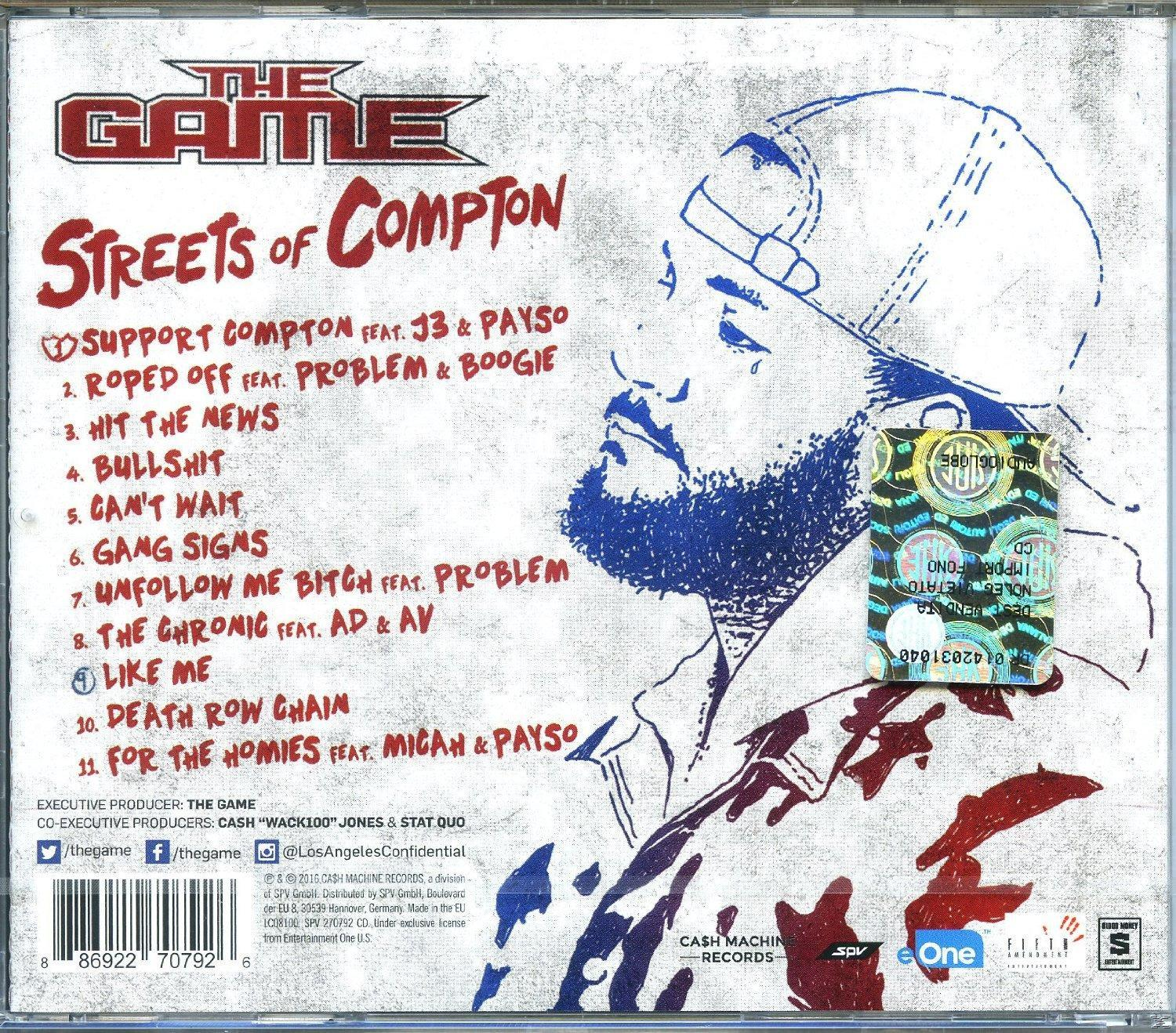 Albumcover für 'Streets of Compton' von The Game, mit Titelliste und Kunst.