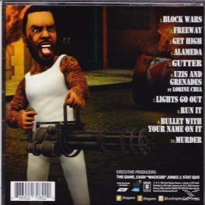 CD-Rückseite mit Comic-Mann mit Maschinengewehr, Trackliste.