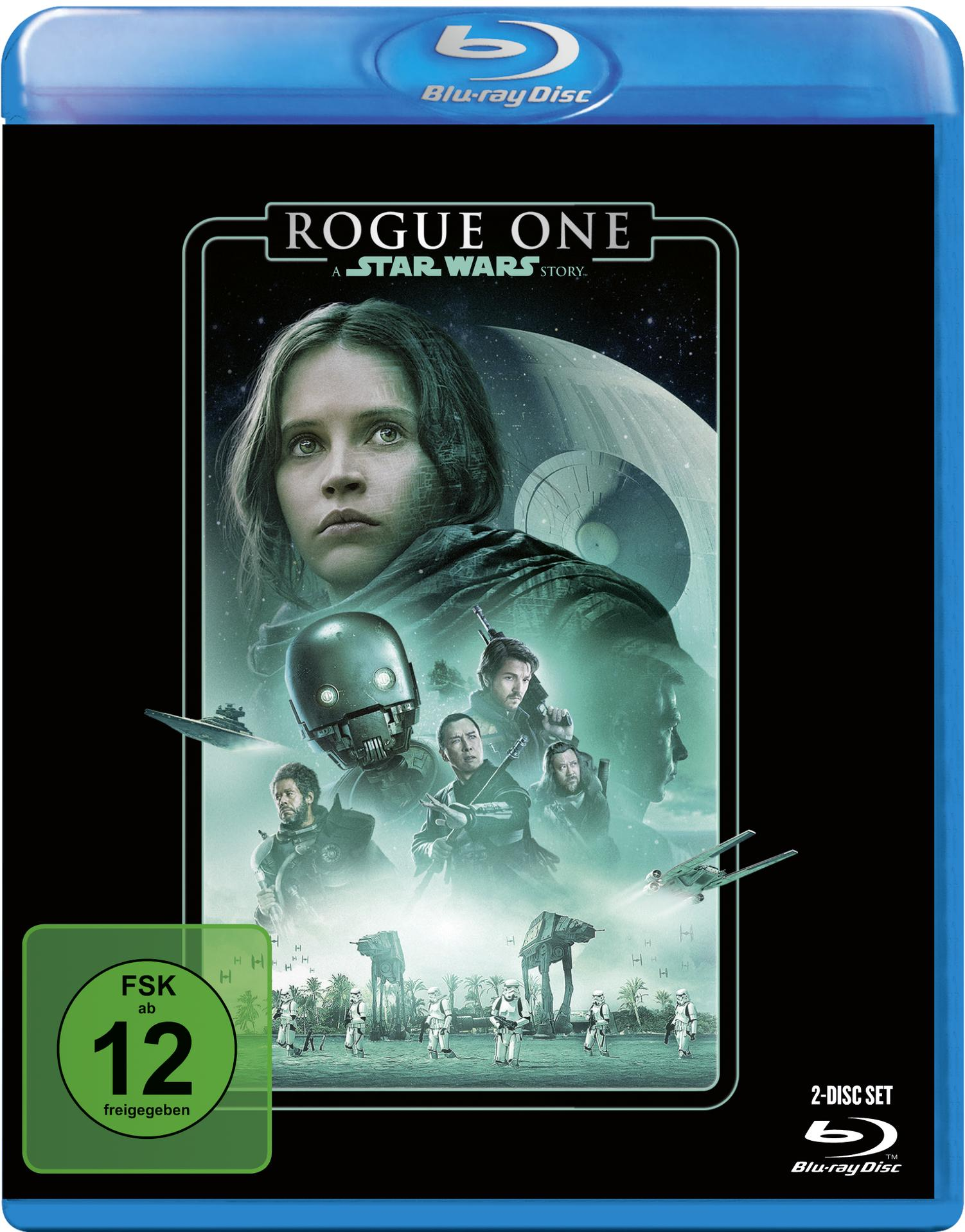 Rogue One: A Star Wars Story Blu-ray-Hülle mit Schauspielern und Star Wars-Elementen.