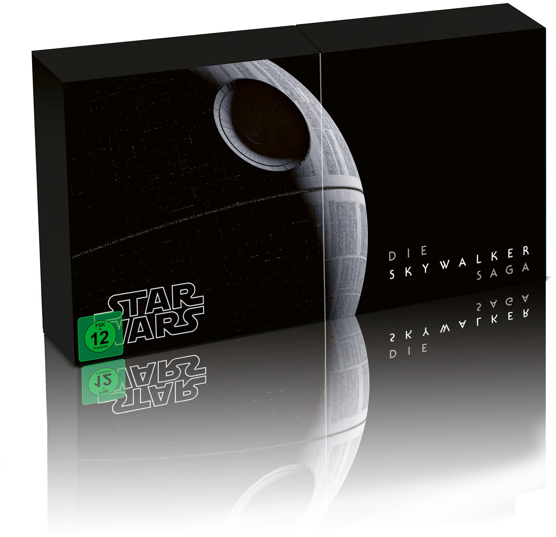 Star Wars Box-Set mit Death Star-Bild. Text auf Deutsch. Schwarzer Hintergrund mit Spiegelung.