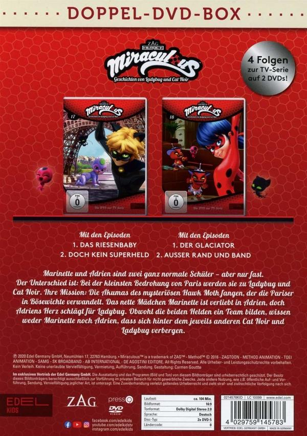 Doppelte DVD-Box für Miraculous, mit zwei Cartoon-Bildern und Text auf rotem Hintergrund.