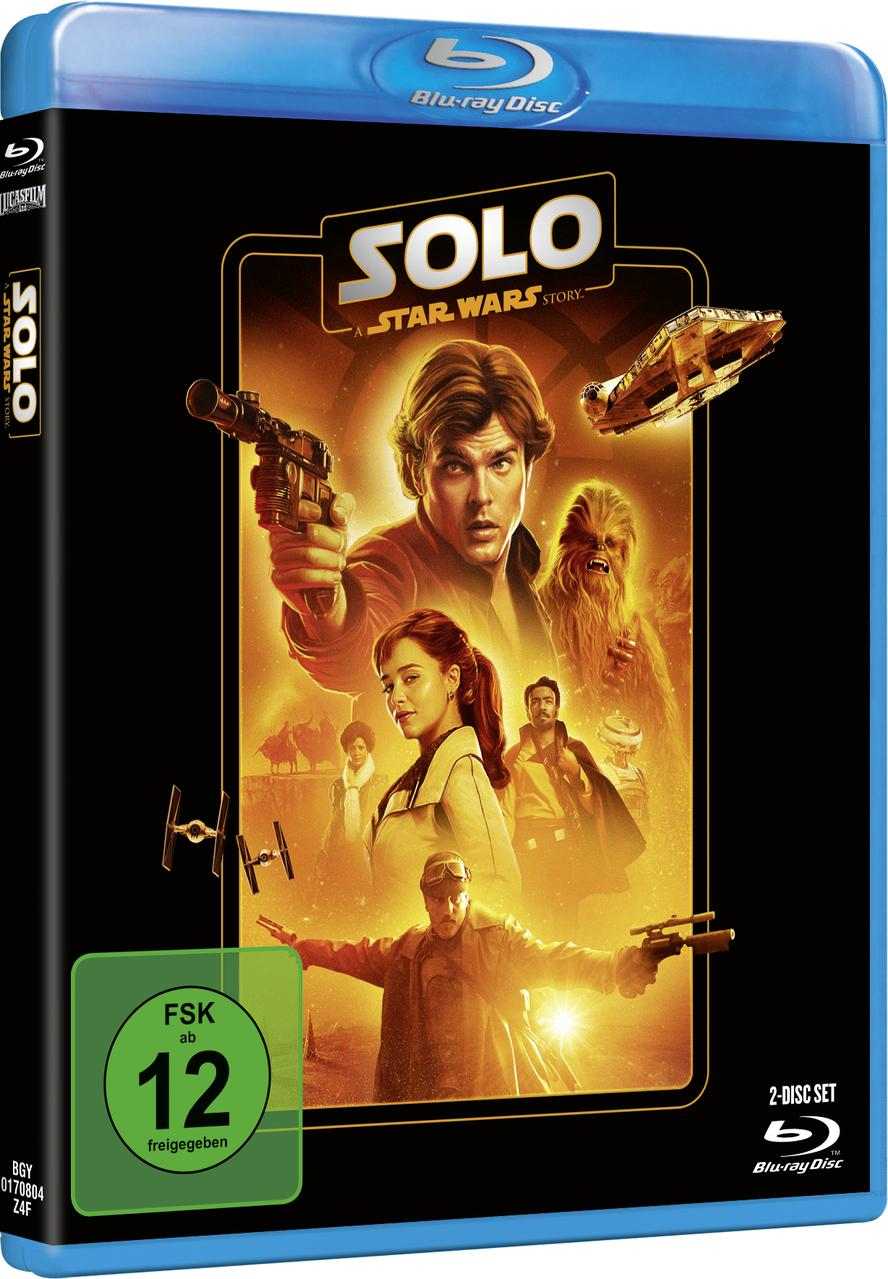 Solo: A Star Wars Story Blu-ray Cover mit Hauptfiguren, mit Han Solo und Chewbacca.