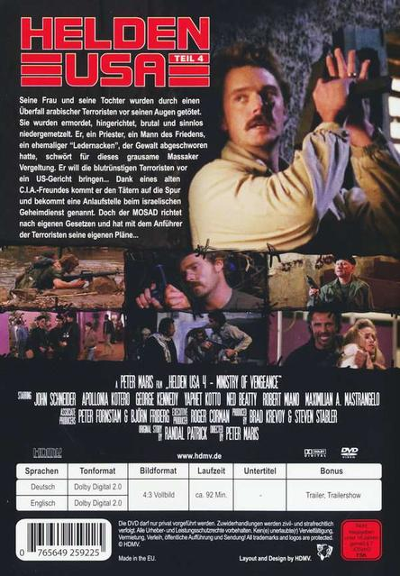 DVD-Cover für 'Helden USA 4: Ministry of Vengeance' mit Standbildern und Text.