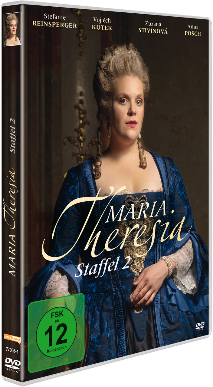 DVD-Box von Maria Theresia, Staffel 2. Zeigt eine Frau in einem blauen Kleid. Deutscher Text.