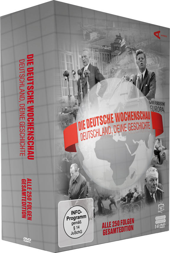 DVD-Boxset mit dem Titel 'Die Deutsche Wochenschau'. Bilder historischer Ereignisse auf der Box. Grauer Hintergrund.