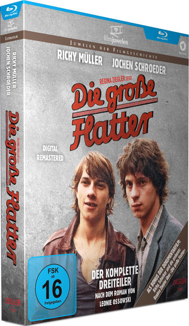 Filmcover auf Deutsch mit Foto von zwei jungen Männern. Der Titel ist Die große Flatter.