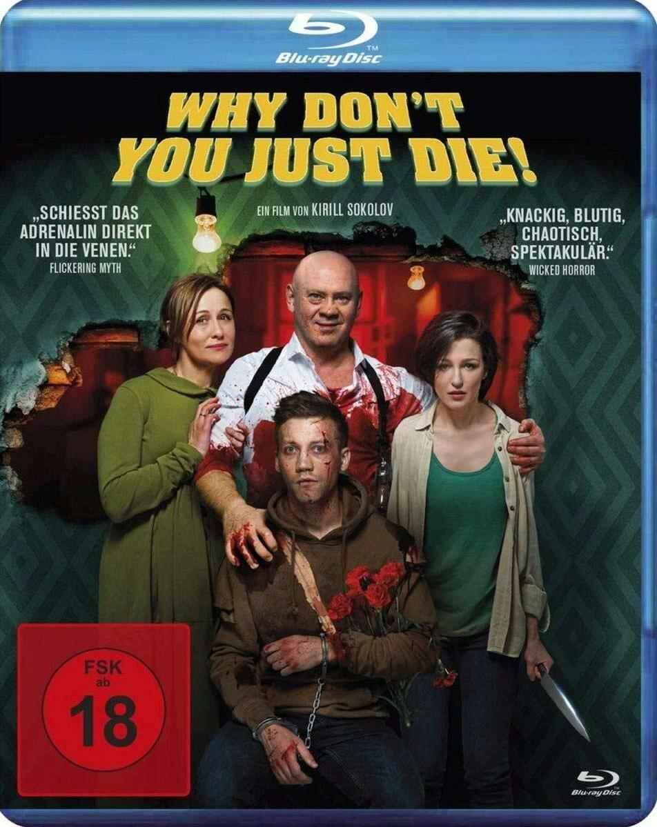 Filmposter mit vier Personen in einem Raum, Blut auf den Personen und einem Messer.