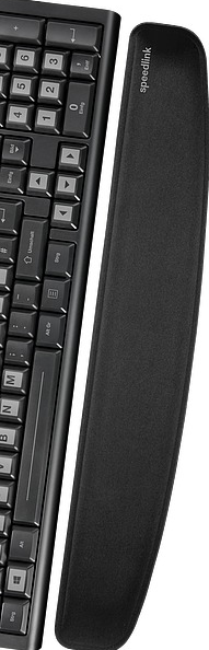 Schwarze Tastatur und schwarze Speedlink-Armlehne auf weißem Hintergrund.
