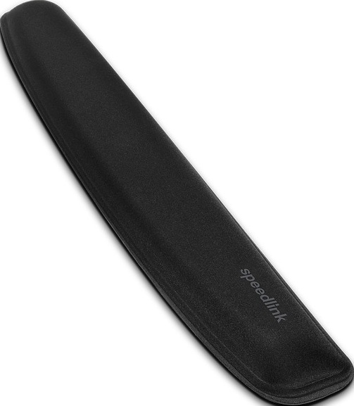 Eine schwarze Handgelenkauflage mit dem Wort 'speedlink', auf weißem Hintergrund.