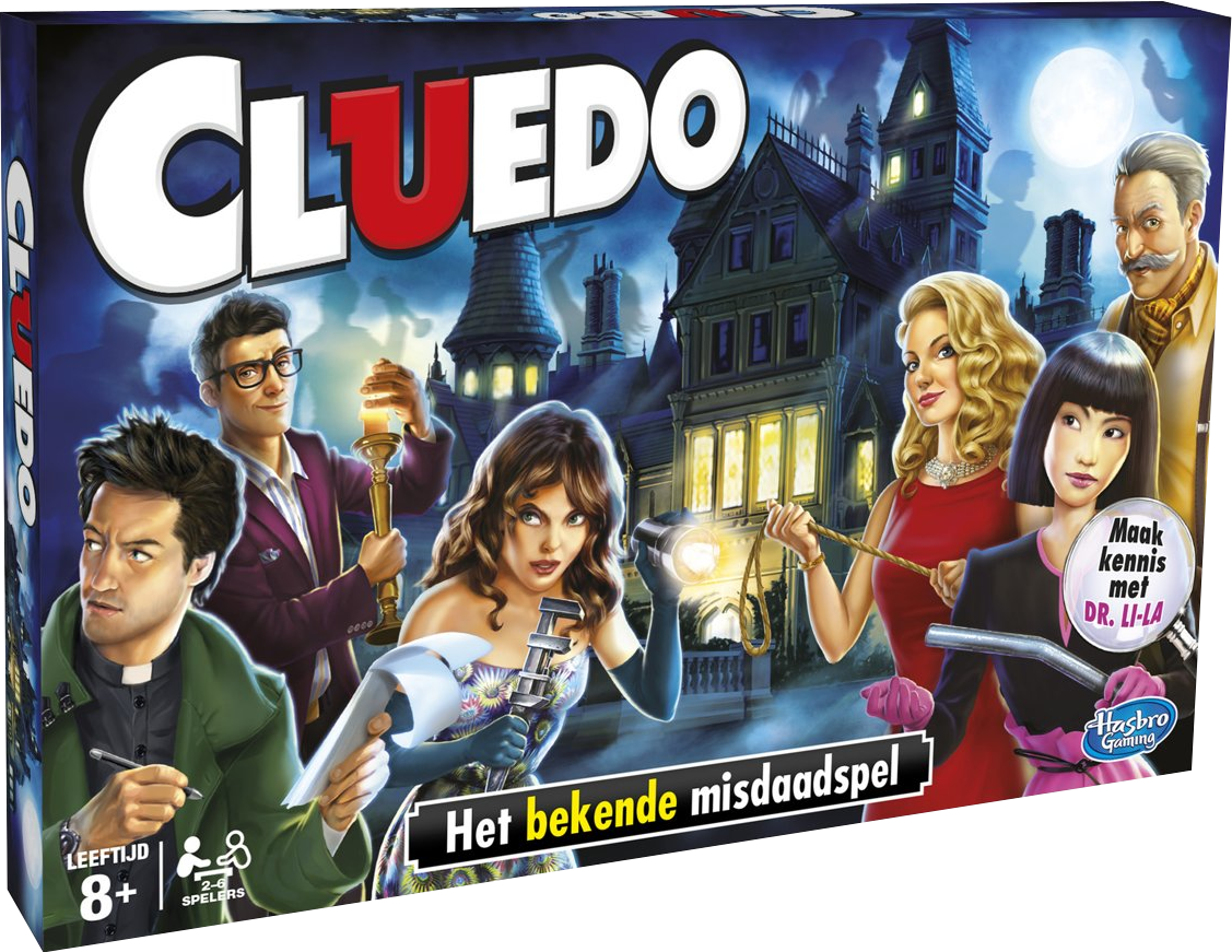Boîte de jeu de société Cluedo avec six personnages sur le devant.