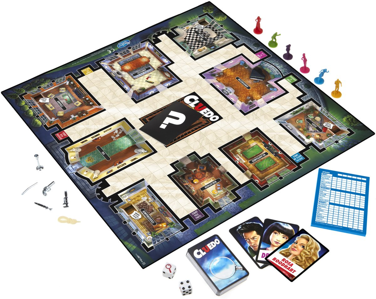 Jeu de société Cluedo avec pièces et cartes. Diverses pièces et personnages sont affichés.