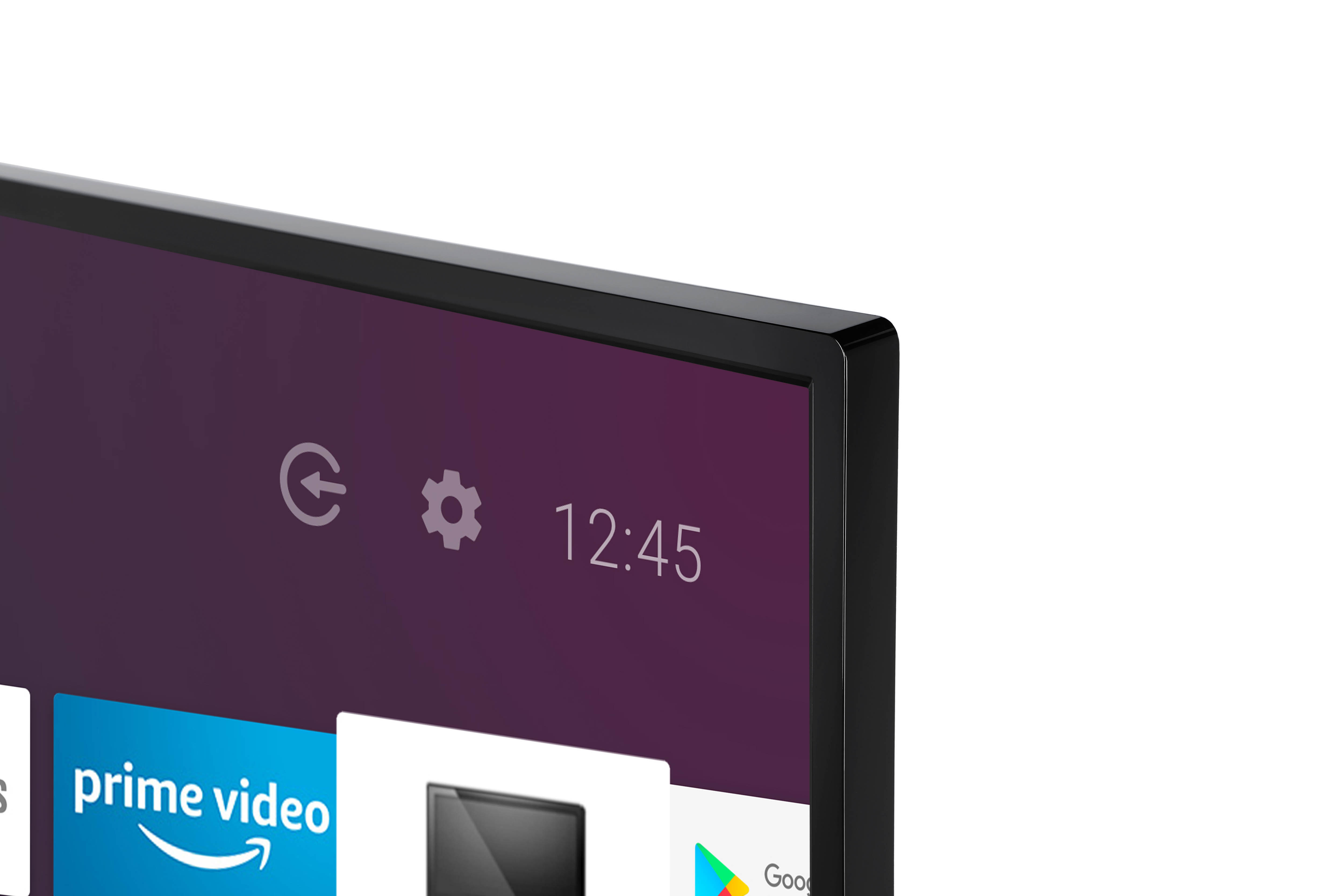 TV-Bildschirmecke mit App-Symbolen und Uhrzeit.