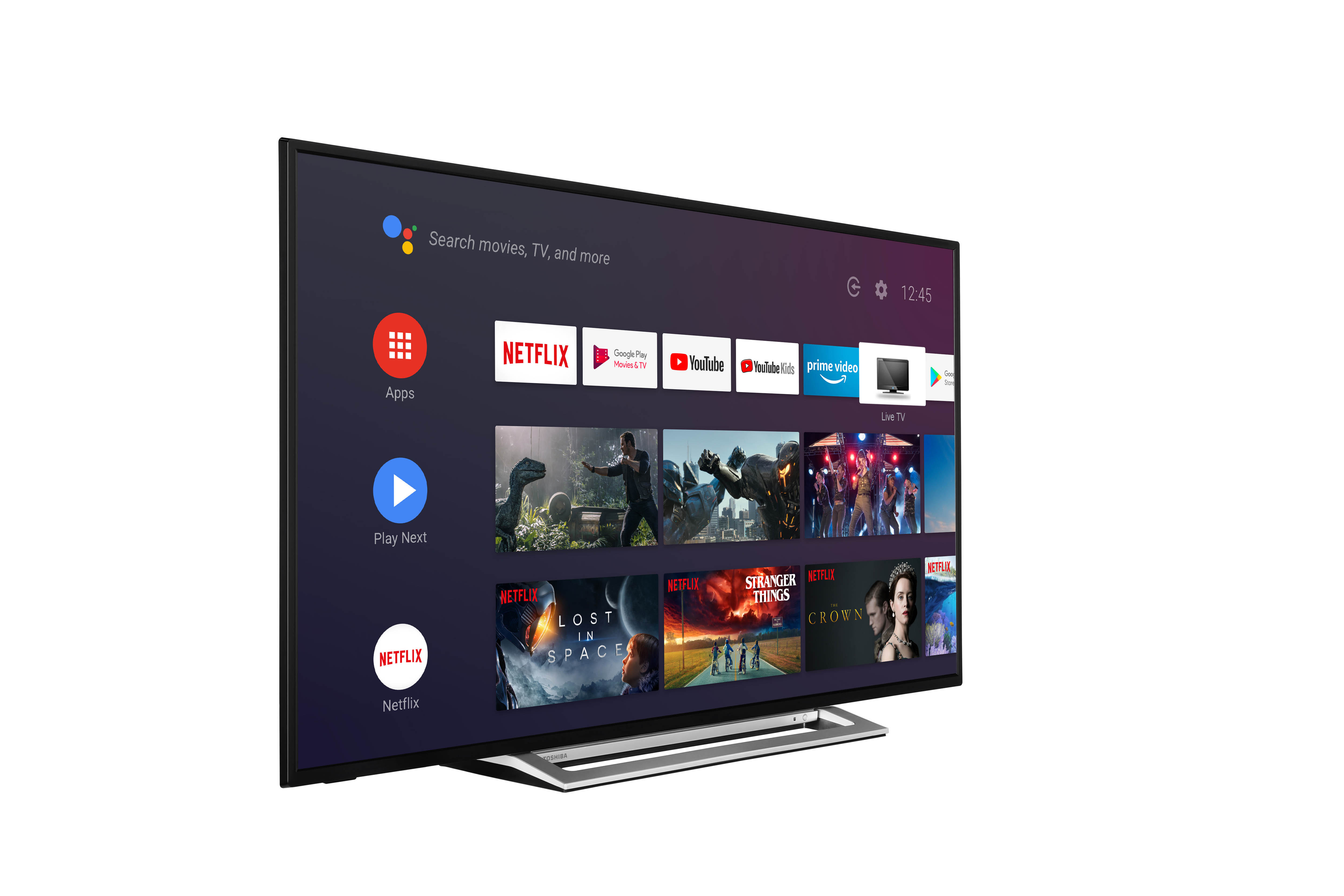 TV-Bildschirm mit verschiedenen Apps, einschließlich Netflix, YouTube und Live-TV.