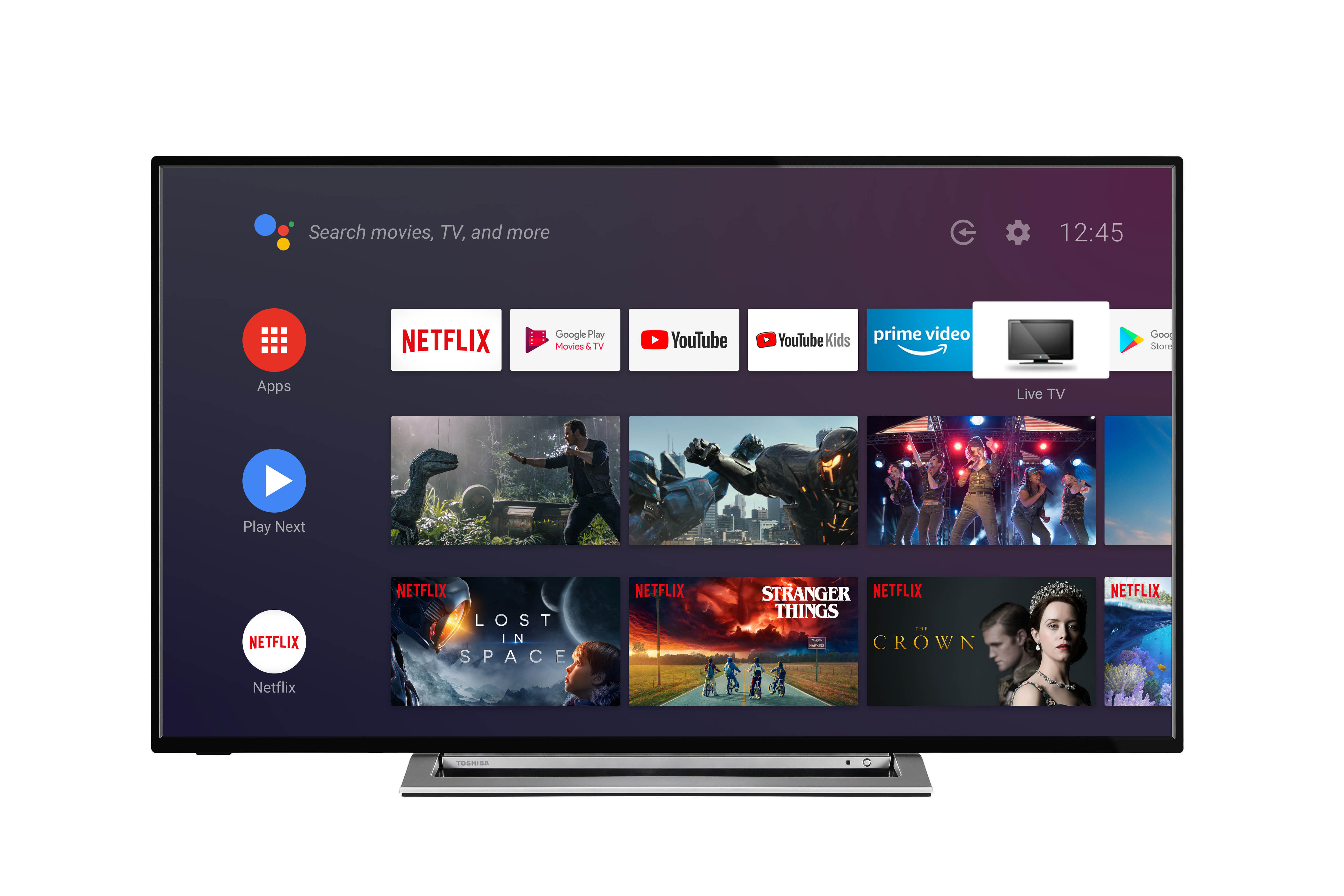 Flachbildfernseher mit App-Symbolen und silbernem Sockel.