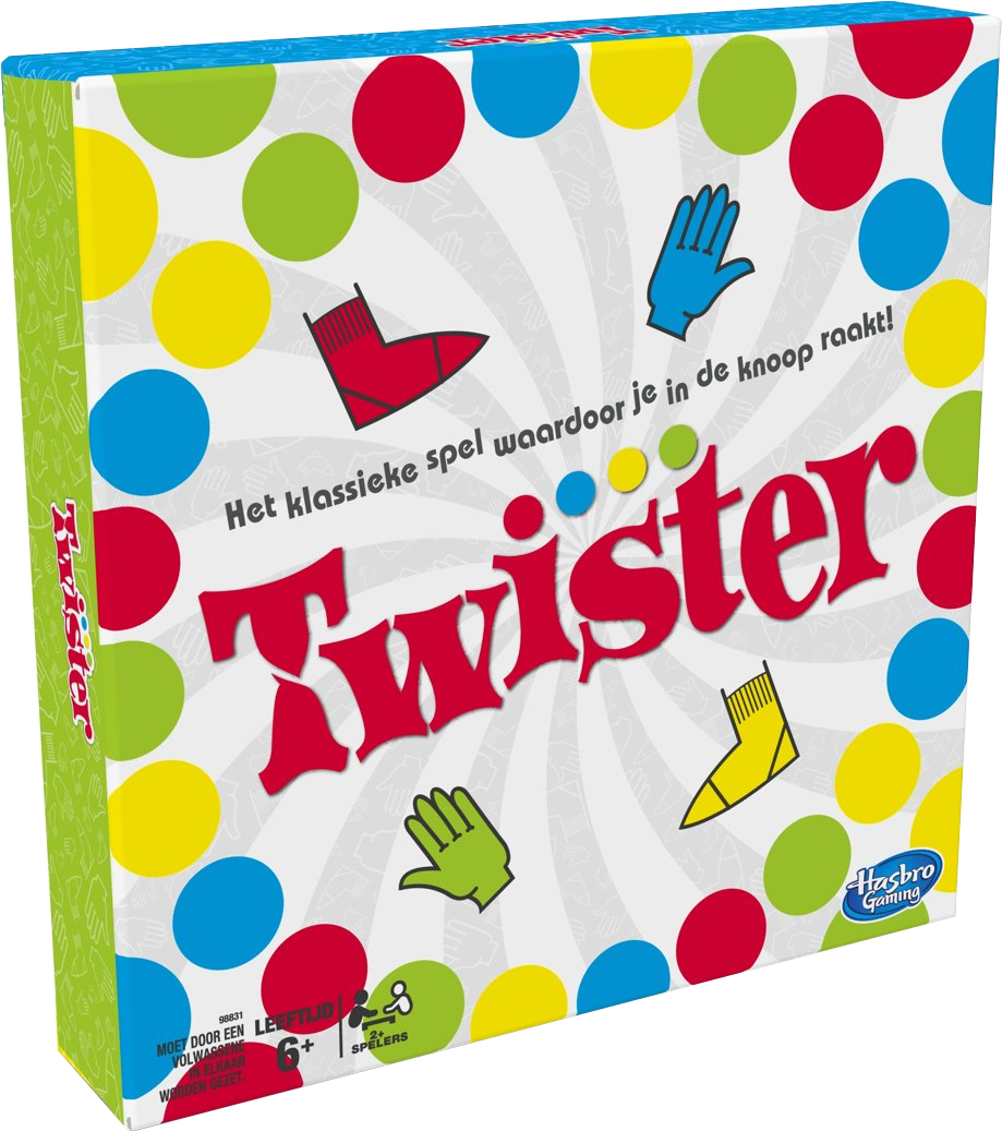 Boîte de jeu Twister avec lettres rouges. Points colorés et icônes mains/pieds. Logo Hasbro Gaming visible. Texte néerlandais présent.