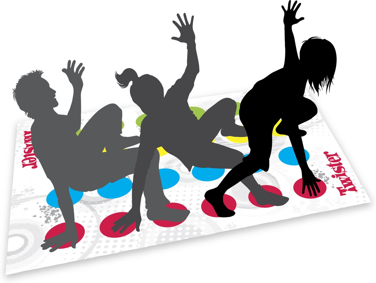 Silhouettes jouant au Twister. Trois personnages sont sur le tapis avec les mains et les pieds sur des cercles colorés. Le tapis Twister est visible.