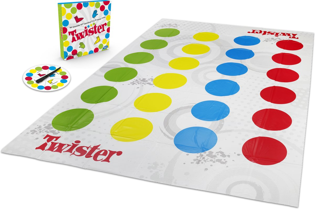 Jeu Twister. Comprend un tapis avec des cercles colorés, une toupie et une boîte. Les cercles sont verts, jaunes, bleus et rouges.