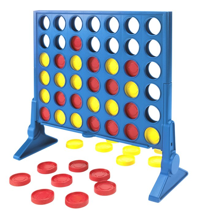Een blauw 'Vier op een rij' spel met rode en gele pionnen.