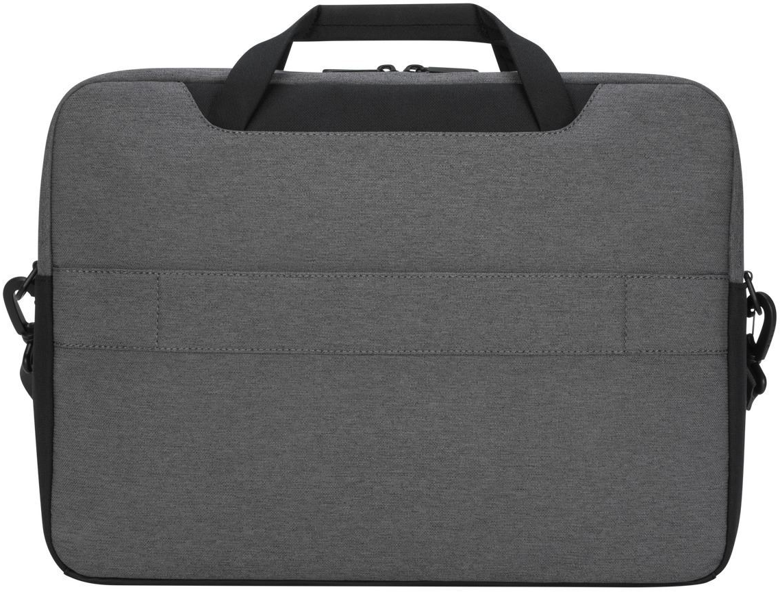 Graue Laptoptasche. Sie hat einen Griff und einen Schultergurt. Die Tasche ist rechteckig mit schlichtem Design.