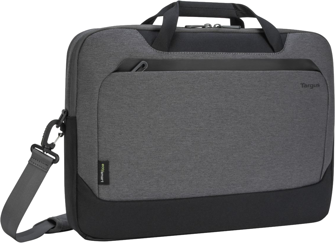 Eine graue Laptoptasche mit Griff, Schultergurt und einer Vordertasche mit Reißverschluss.