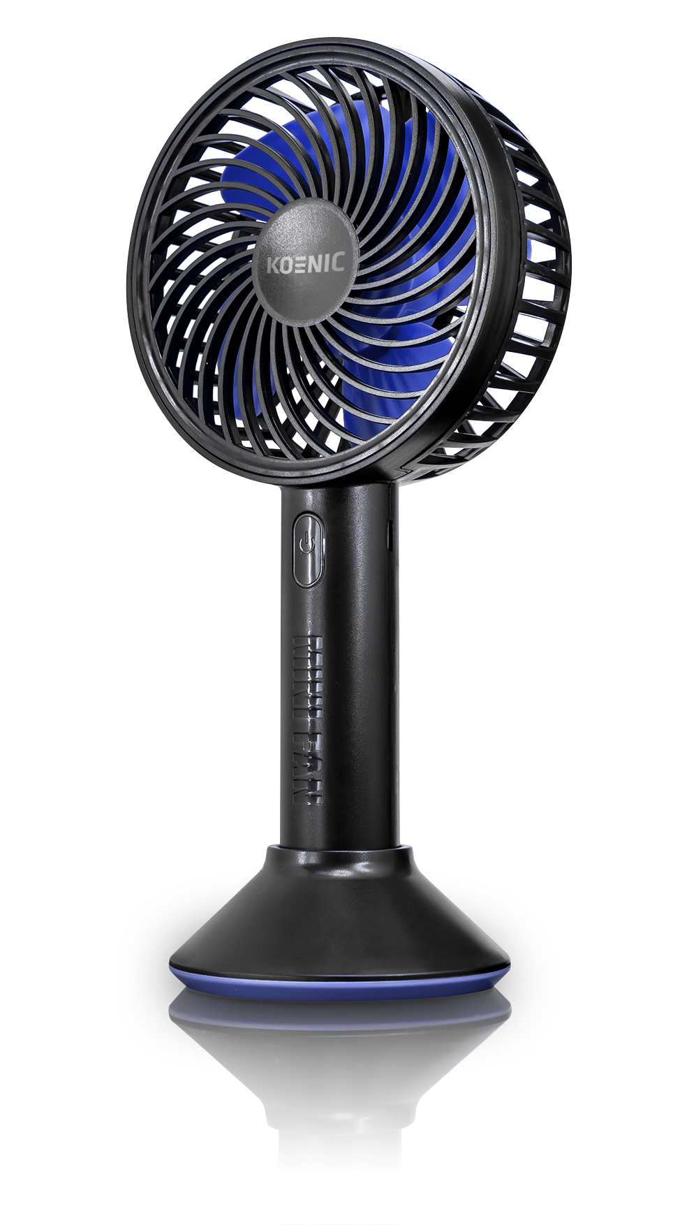 Schwarzer und blauer tragbarer Ventilator mit Ständer, isoliert auf Weiß.