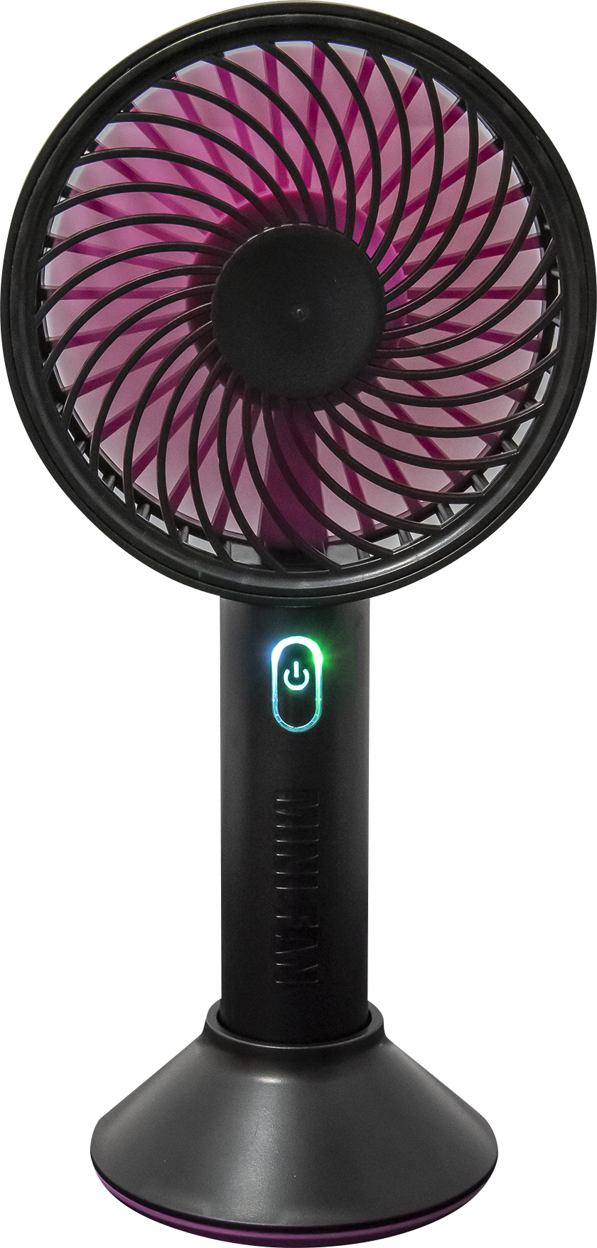 Ein schwarzer und lila Mini-Ventilator mit schwarzem Sockel. Der Einschaltknopf leuchtet grün.