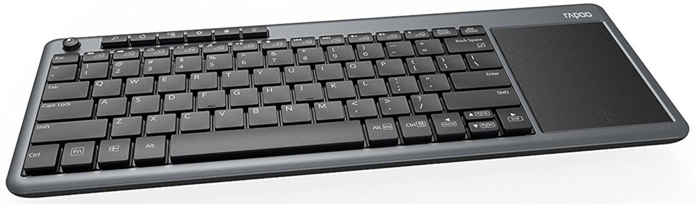 Een zilverkleurig toetsenbord met een touchpad en zwarte toetsen.