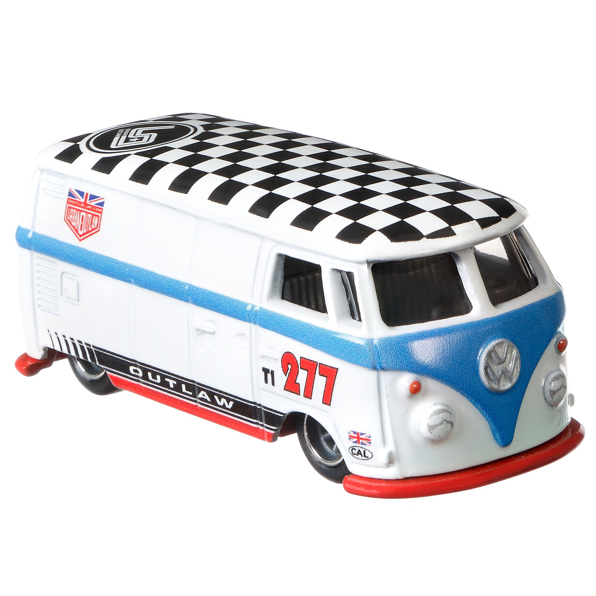 Ein weiß-blauer VW-Van-Spielzeug mit kariertem Dach. Es hat rote Akzente und die Nummer 277 auf der Seite.
