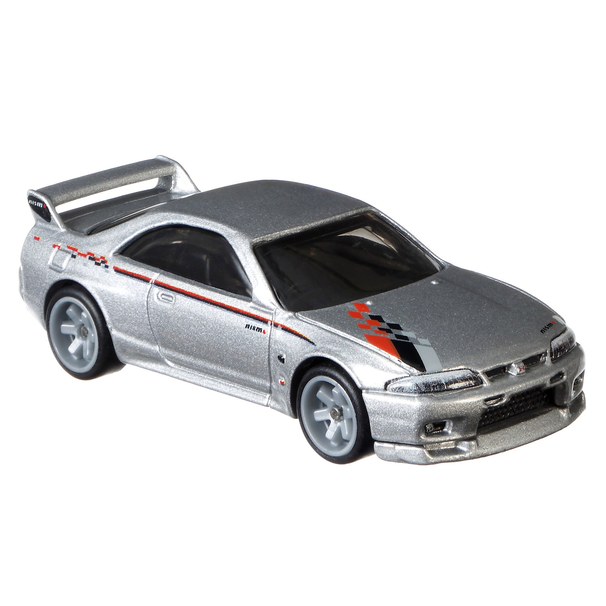 Silbernes Spielzeugauto mit Spoiler, schwarzen Fenstern und rot/schwarzen Details. Die Räder sind grau. Weißer Hintergrund.