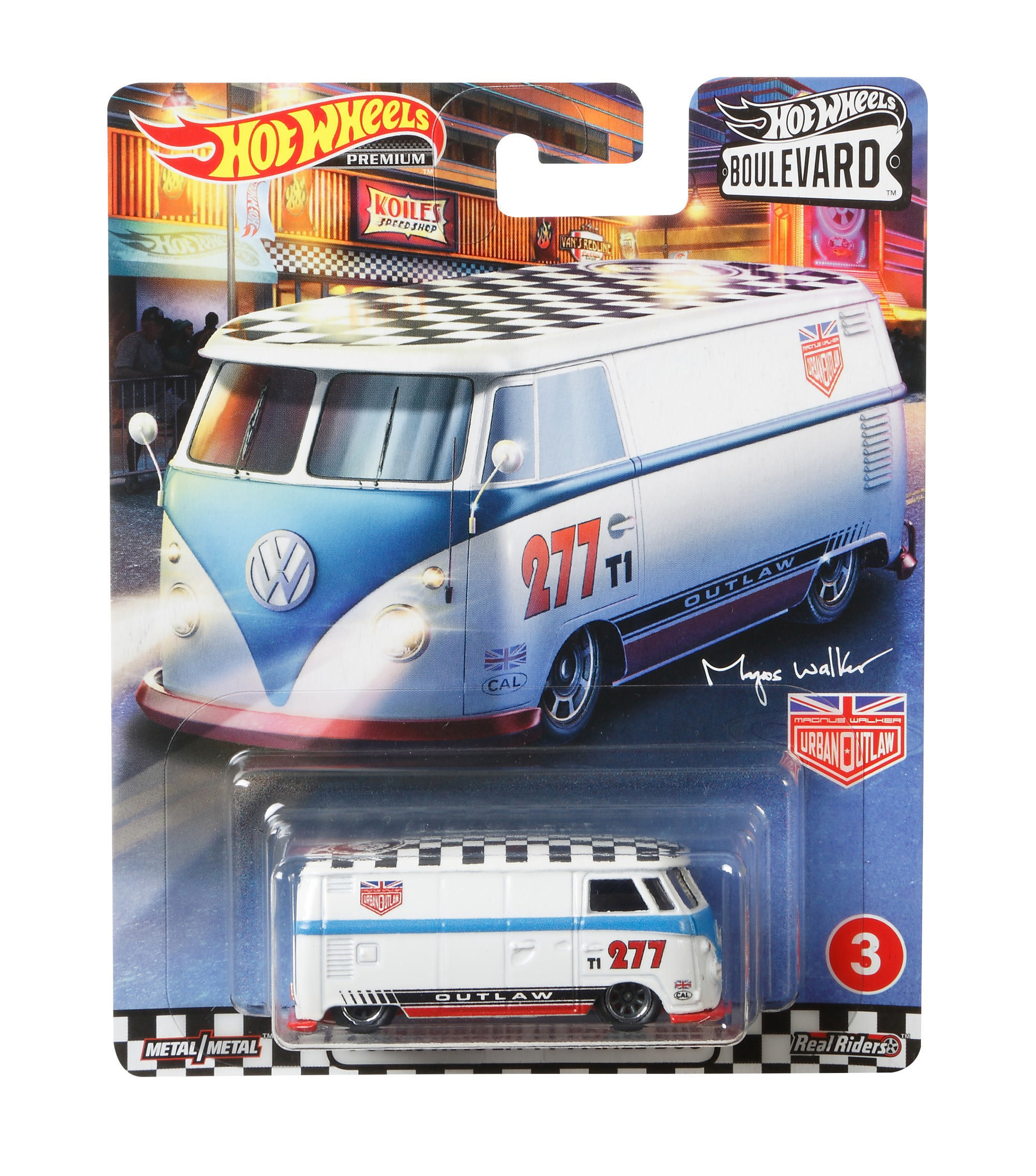 Ein Hot Wheels Spielzeugauto, VW-Van-Stil, weiß und blau mit kariertem Dach. Der Hintergrund zeigt eine Straßenszene.
