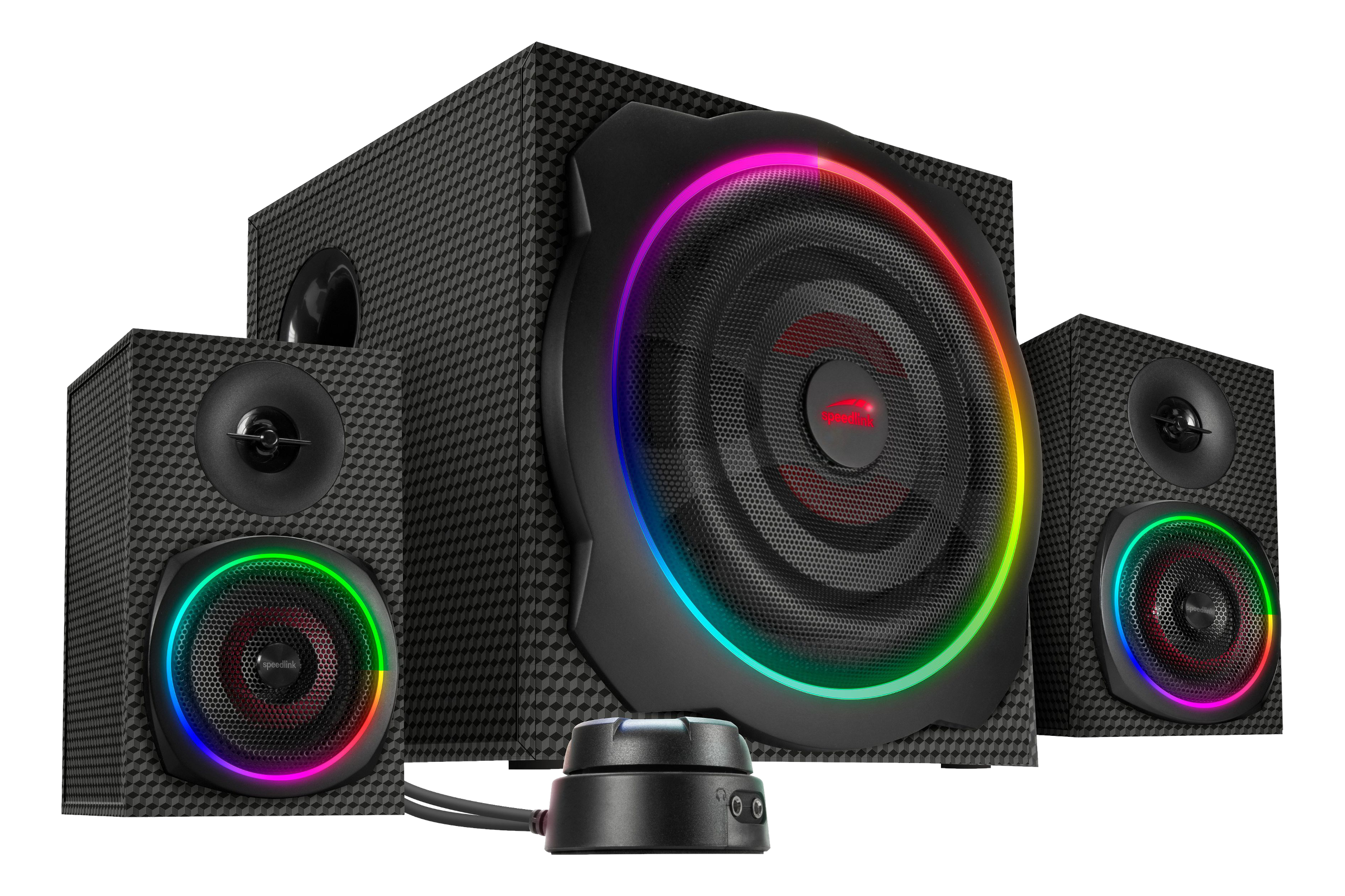 Drei schwarze Lautsprecher mit Regenbogenlichtern auf Schwarz.