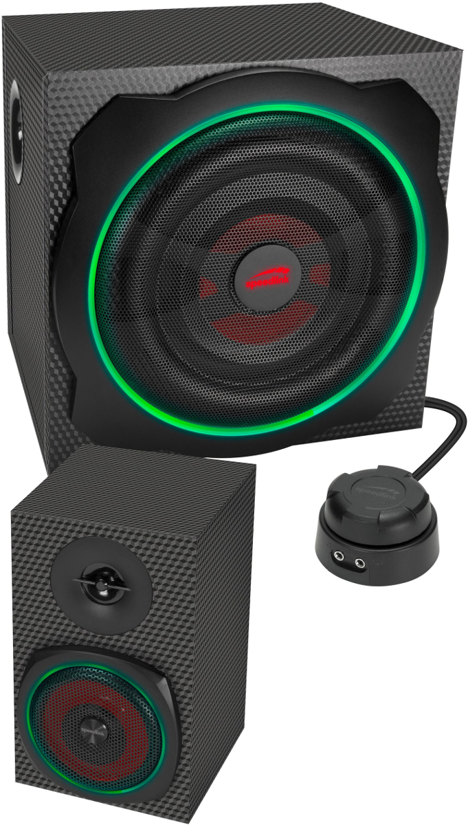 Ein Lautsprecherset mit Subwoofer und einem kleineren Lautsprecher. Die Lautsprecher sind schwarz mit grünem Umriss.