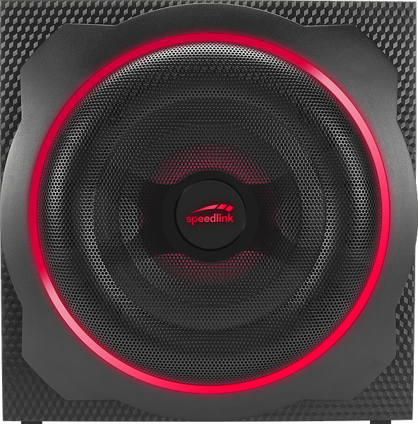 Schwarzer Subwoofer mit rotem Lichtring. Er hat ein Mesh-Gitter und eine Carbonfaserstruktur außen.