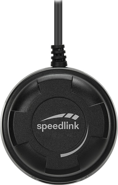 Ein schwarzes Speedlink-Gerät mit Kabel, die Oberseite hat das Speedlink-Logo.