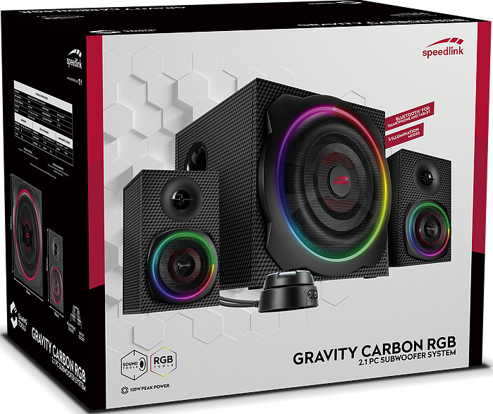 Eine schwarze Box mit Lautsprechern und einem Subwoofer. Die Box hat ein Wabenmuster.