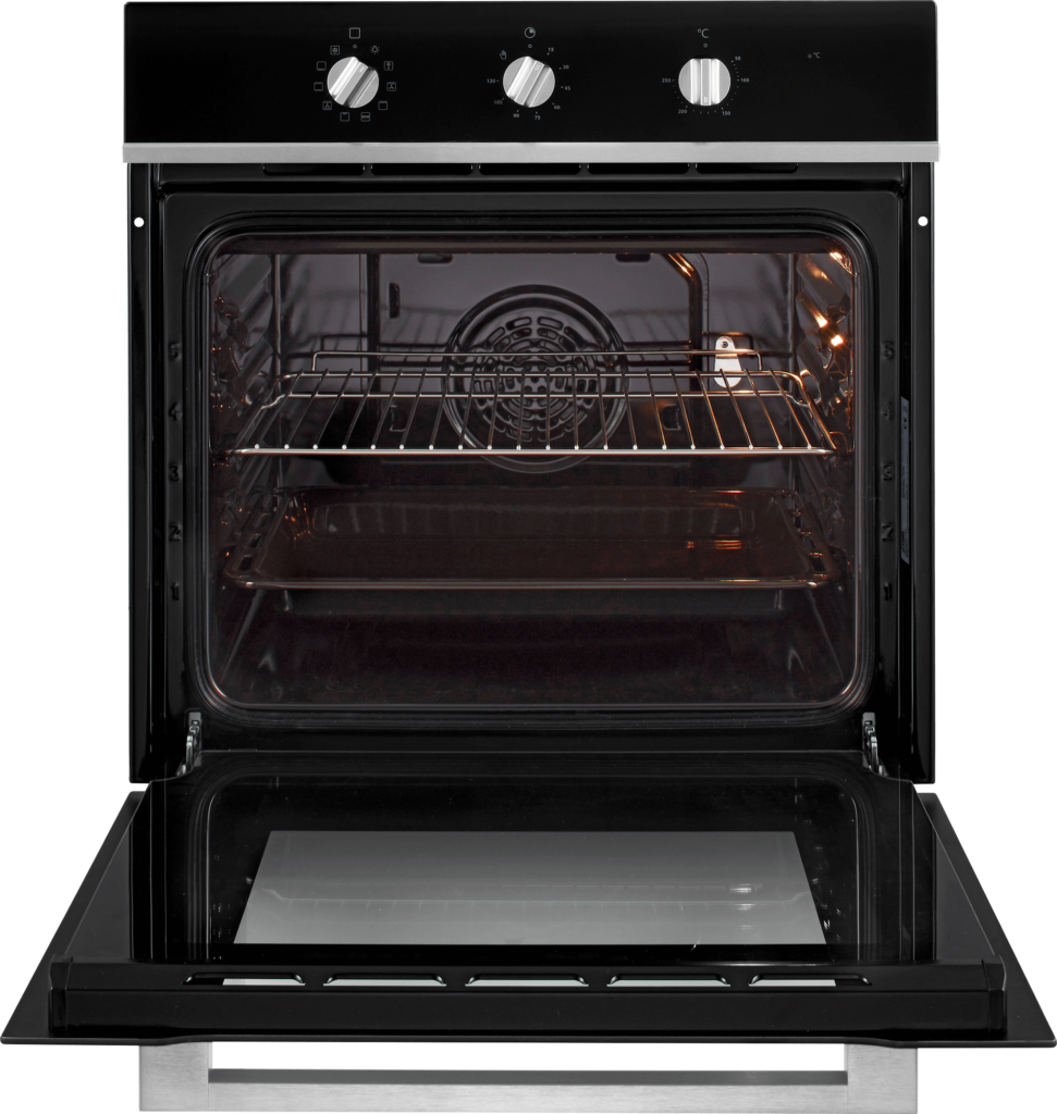 Open oven met een zwarte buitenkant, binnenroosters en een glazen deur.