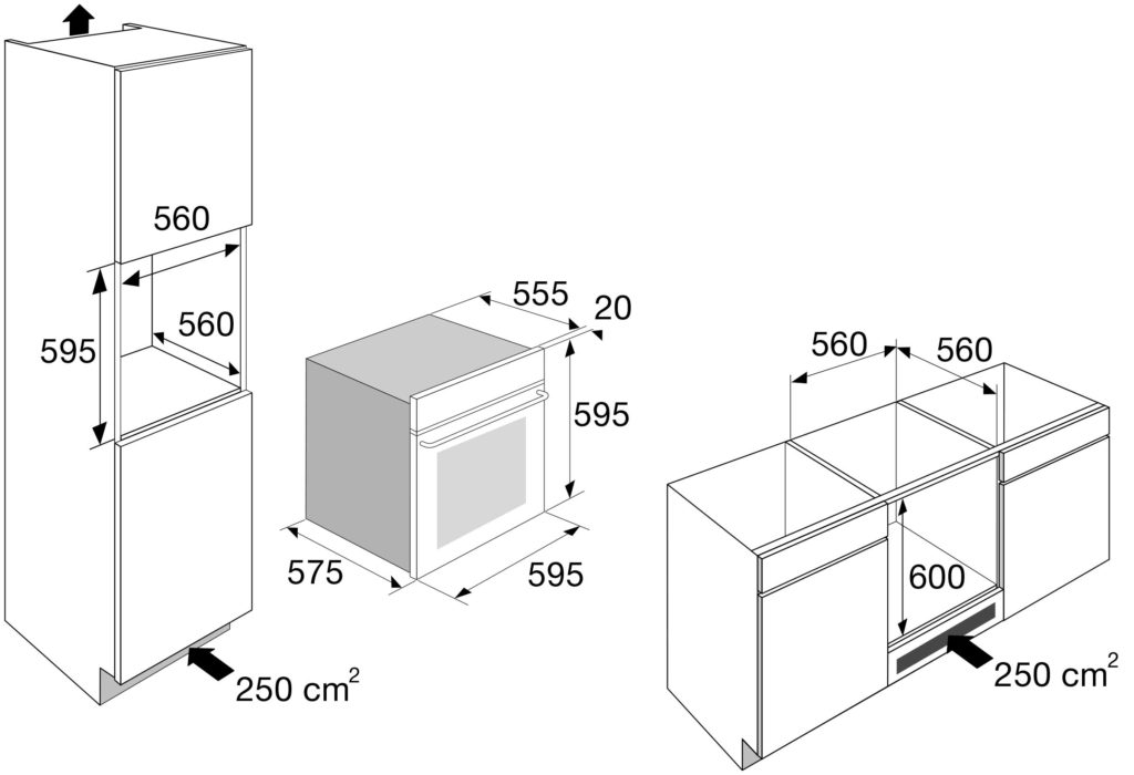 Diagram met afmetingen van een keukenkast met een oven. Afmetingen weergeven.