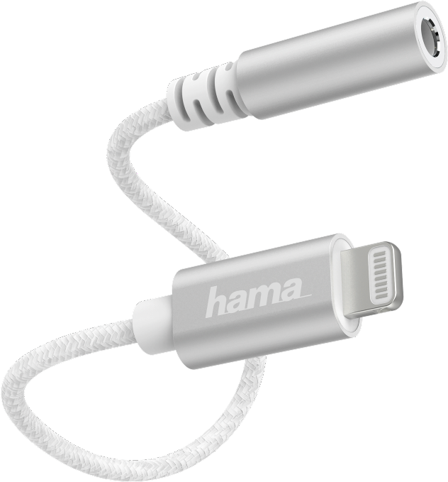 Een witte adapterkabel met een lightning-connector en een koptelefoonaansluiting.