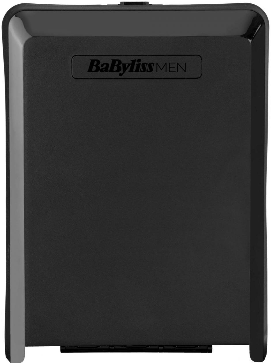 Tondeuse BabylissMEN noire, rectangulaire et fermée. Le logo est visible.