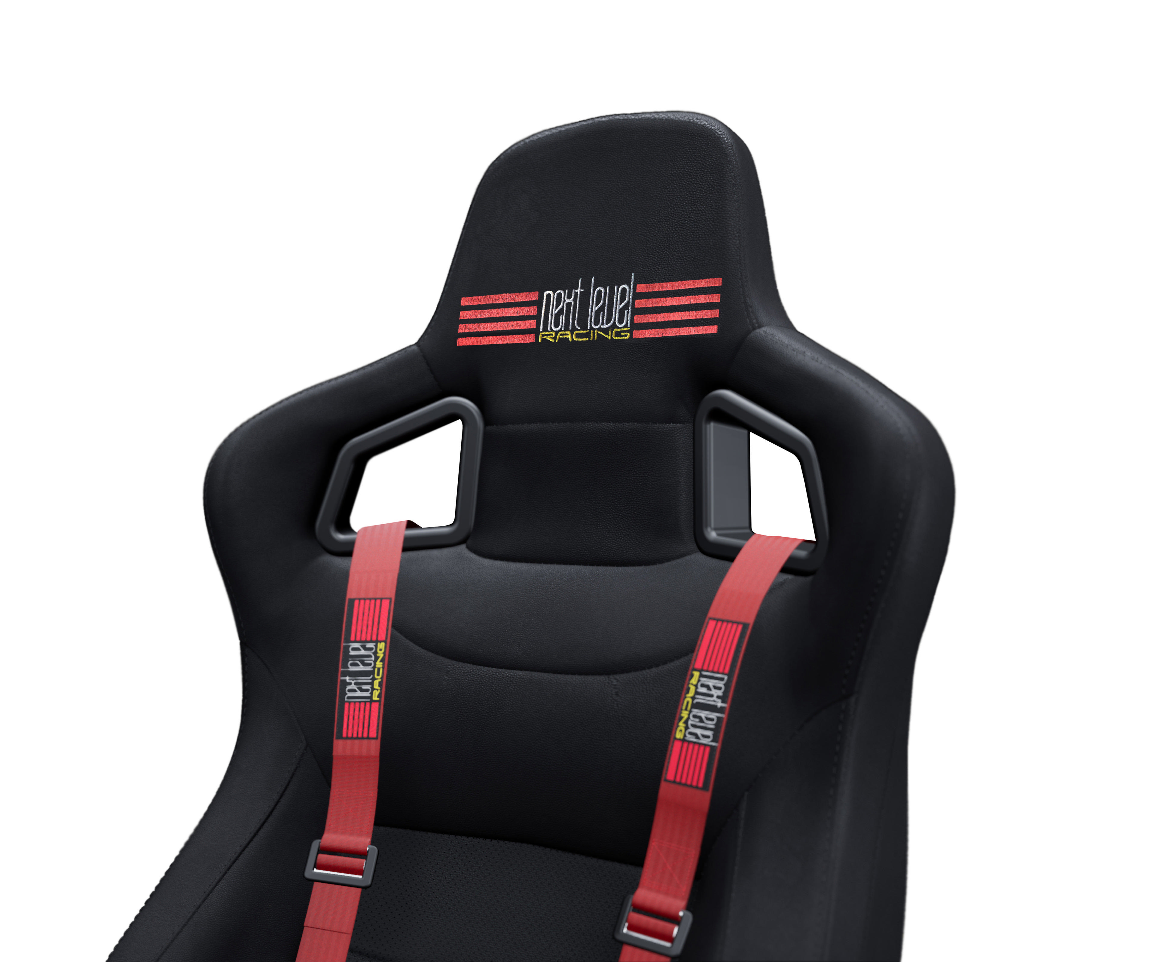 Schwarzer Rennsitz mit roten Sicherheitsgurten. 'Next Level Racing'-Logo auf der Kopfstütze.