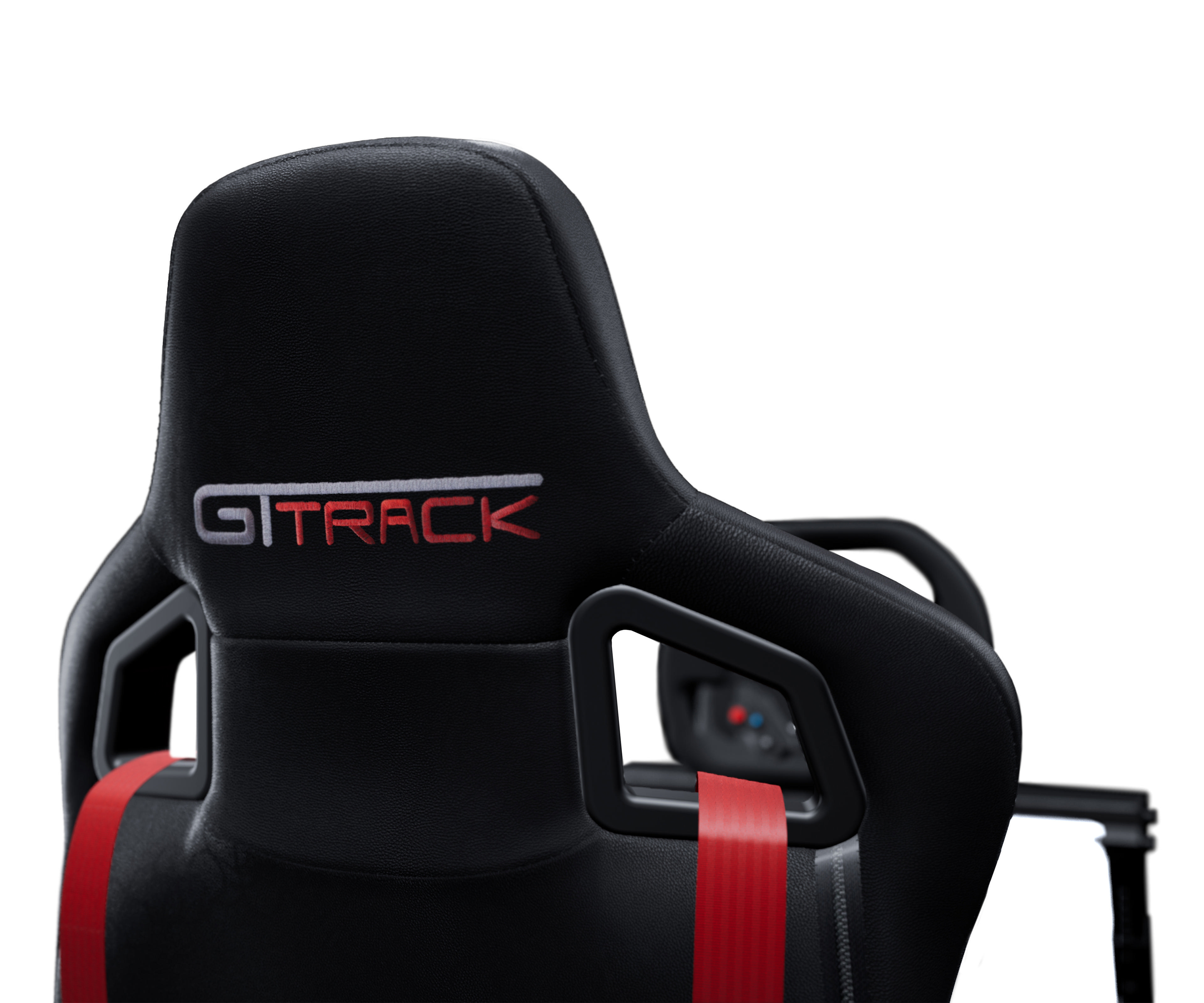 Schwarzer GTtrack Rennstuhl mit rotem Sicherheitsgurt und GTtrack Logo.