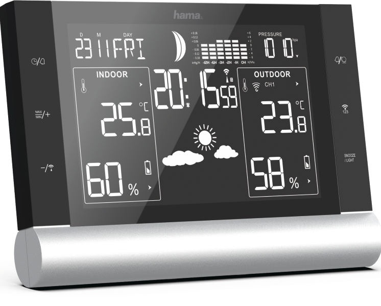 Una stazione meteorologica Hama che mostra temperature interne/esterne, umidità e ora.