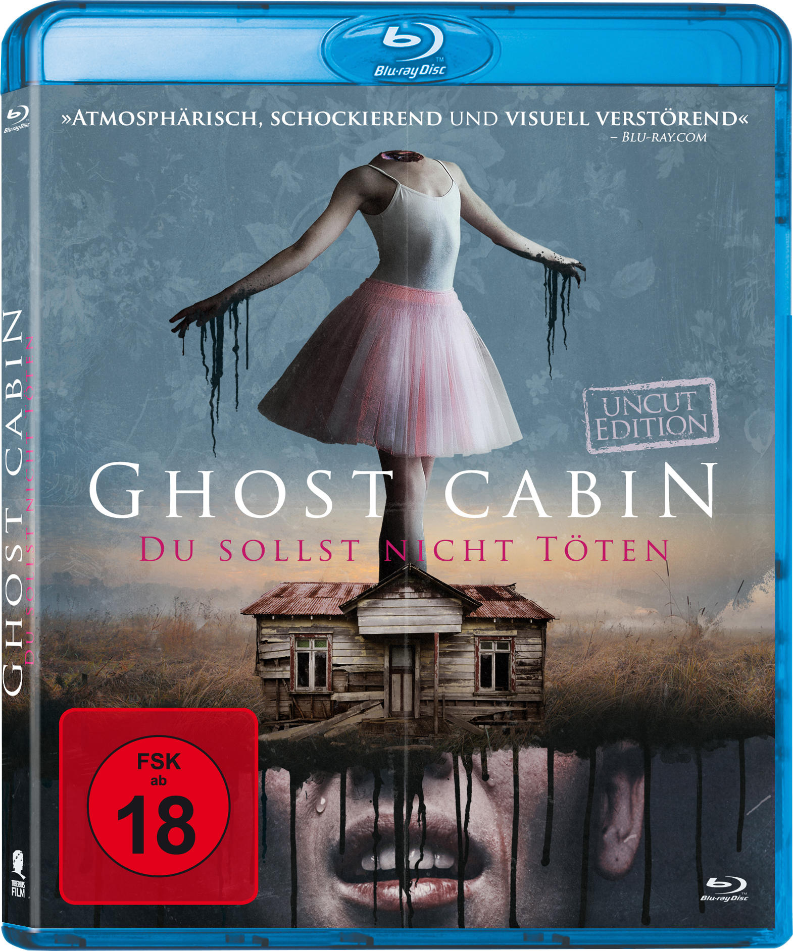 Blu-ray-Cover mit Ballerina, Haus und Gesicht. Der Titel ist Ghost Cabin.