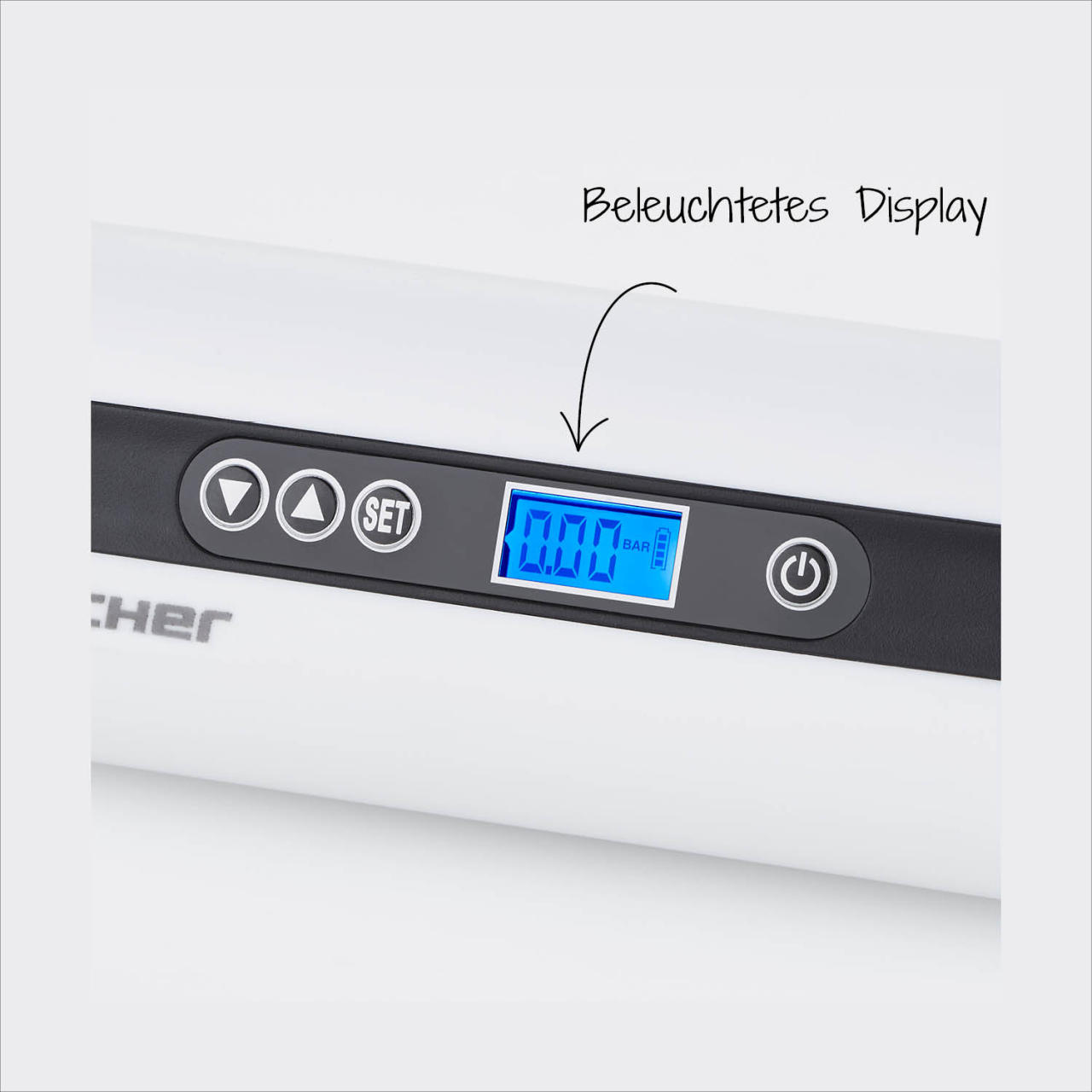 Ein weißes Gerät mit blau beleuchtetem Display, das Zahlen anzeigt.