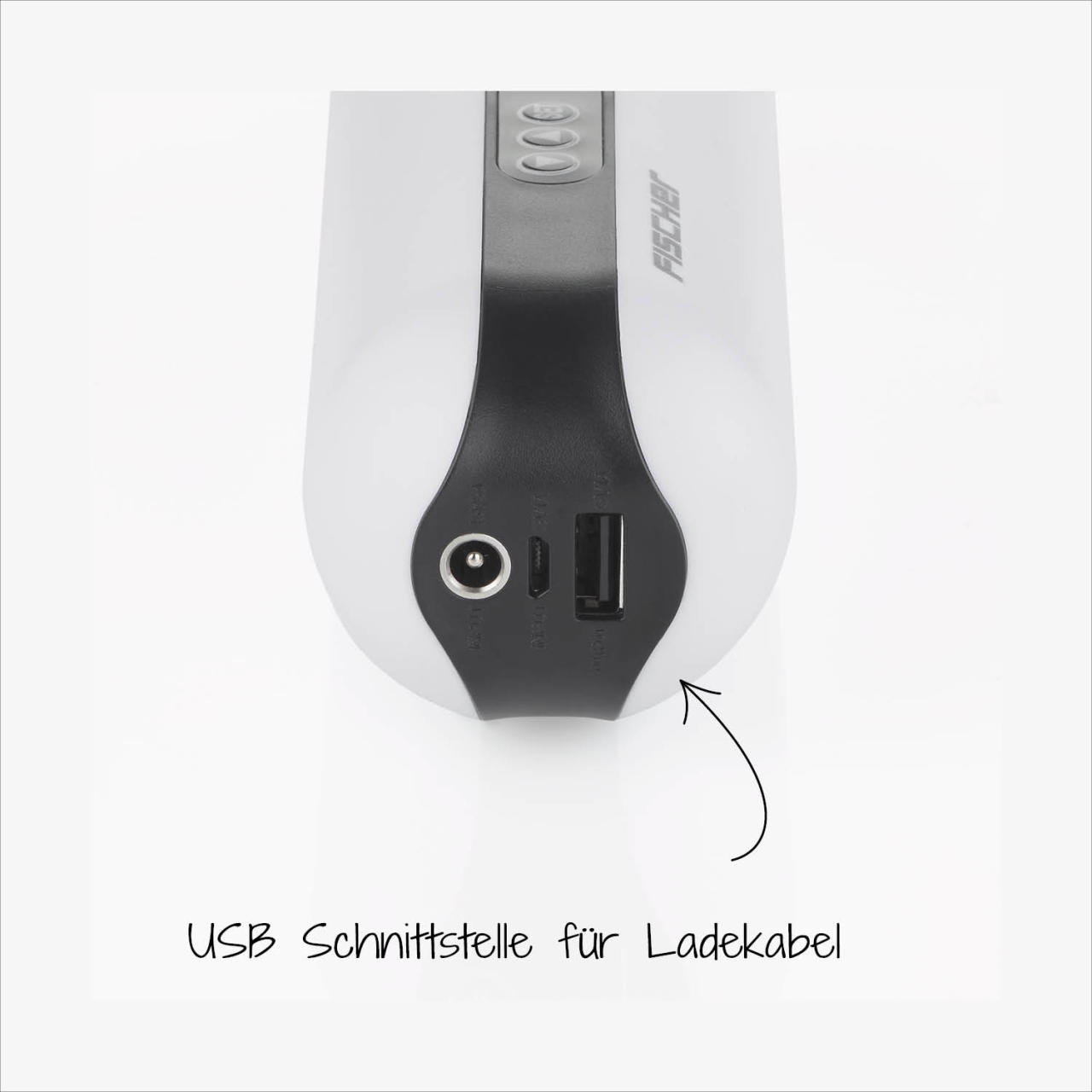 Rückseite eines weißen Geräts mit USB-Anschluss. Ein schwarzer Pfeil zeigt auf den USB-Anschluss.
