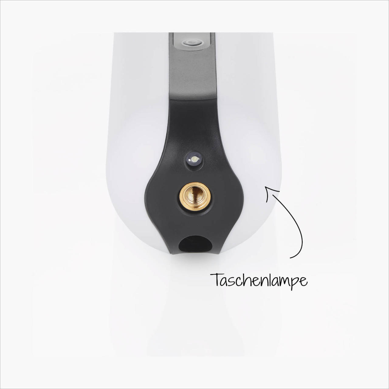 Eine weiße Lampe mit schwarzem Akzent und einer goldenen Schraube, mit handgeschriebenem Text.