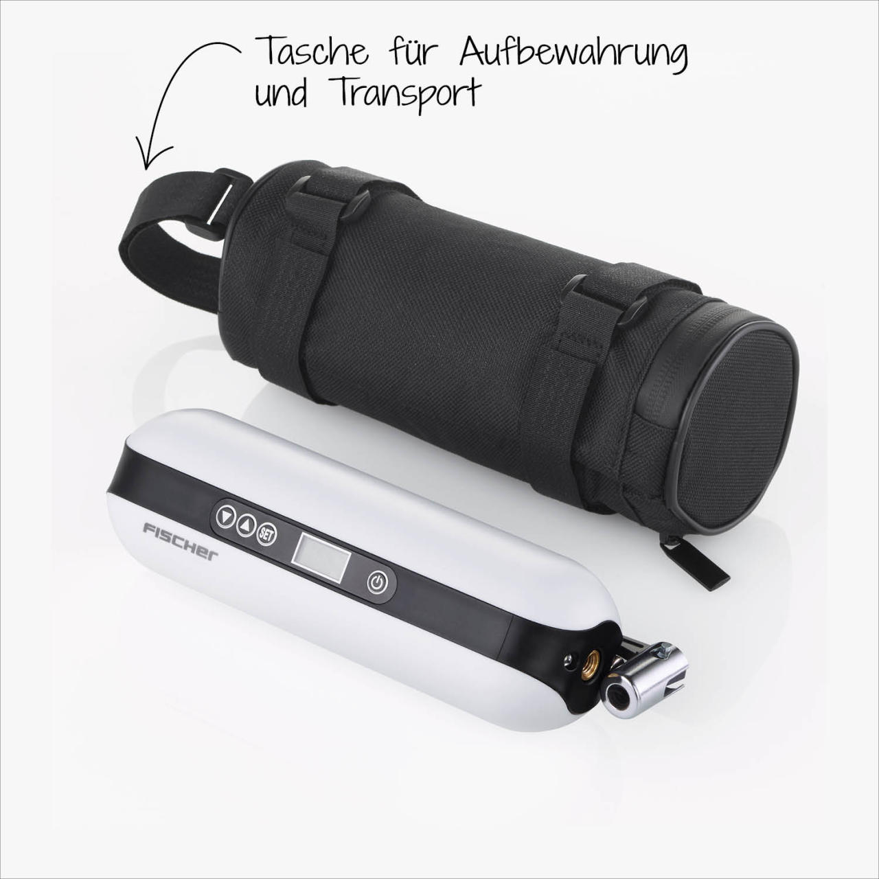 Weiße und schwarze Luftpumpe mit schwarzem Gehäuse. Textbeschriftungen auf dem Bild.
