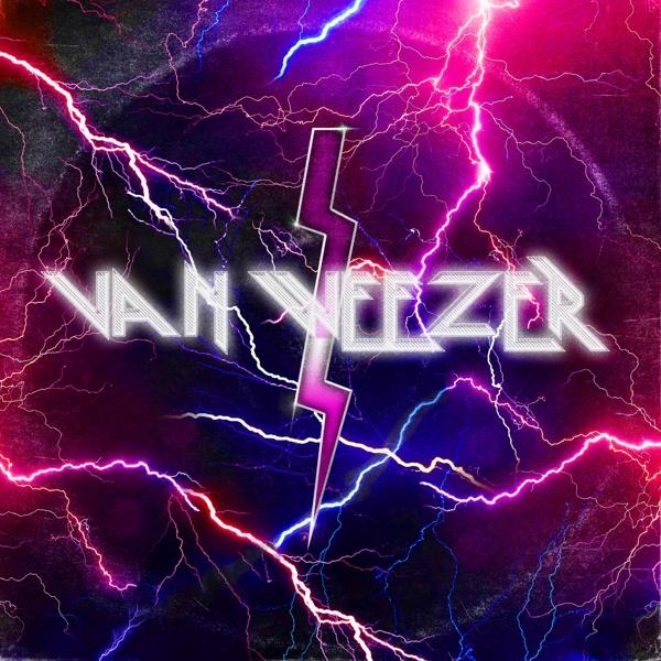 Une pochette d'album avec le nom du groupe Van Weezer. Le fond est un orage d'éclairs violets et roses.