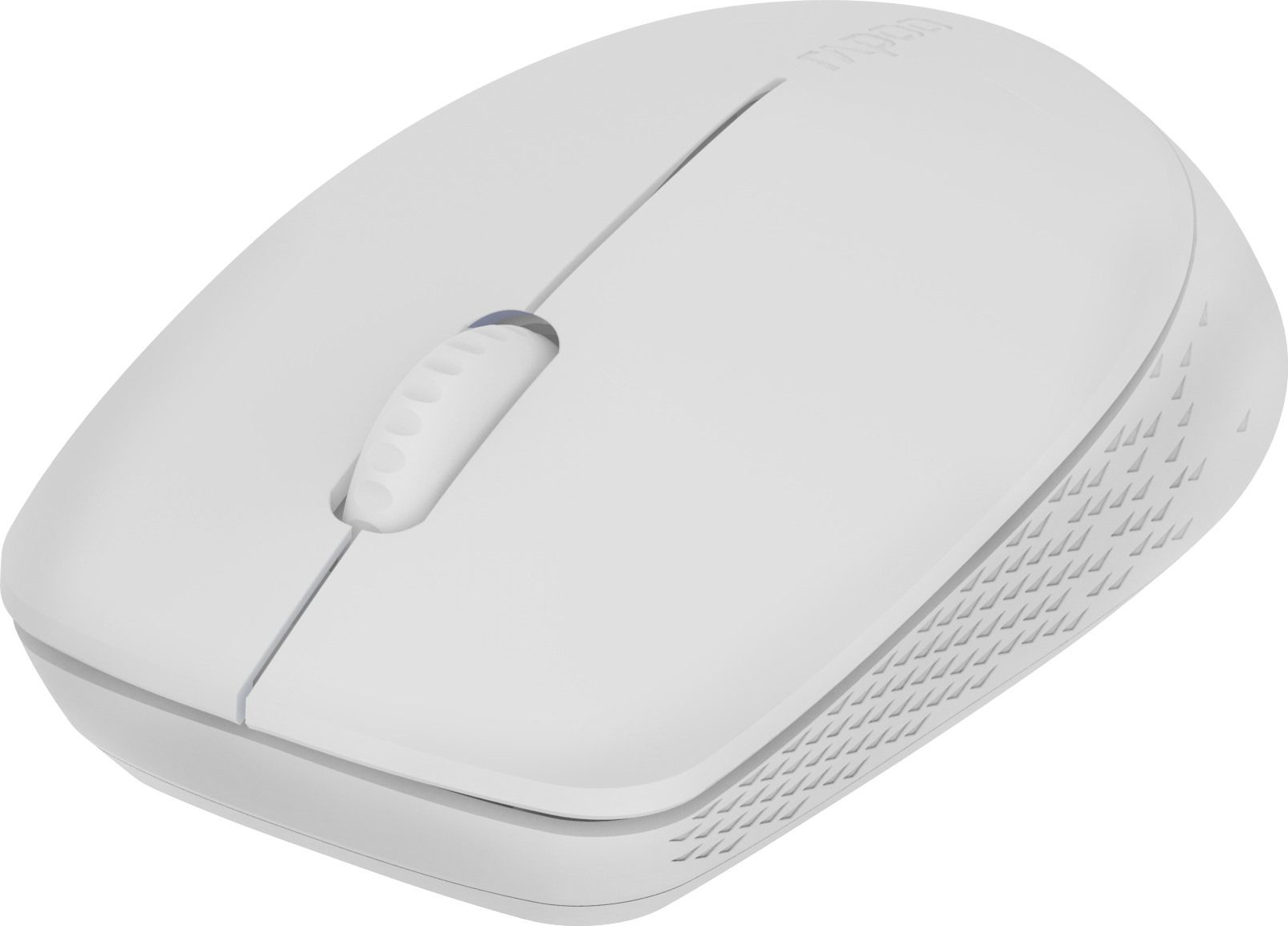 Mouse per computer bianco. Ha una rotella di scorrimento e due pulsanti. Sfondo bianco. Logo del marchio Rapoo.