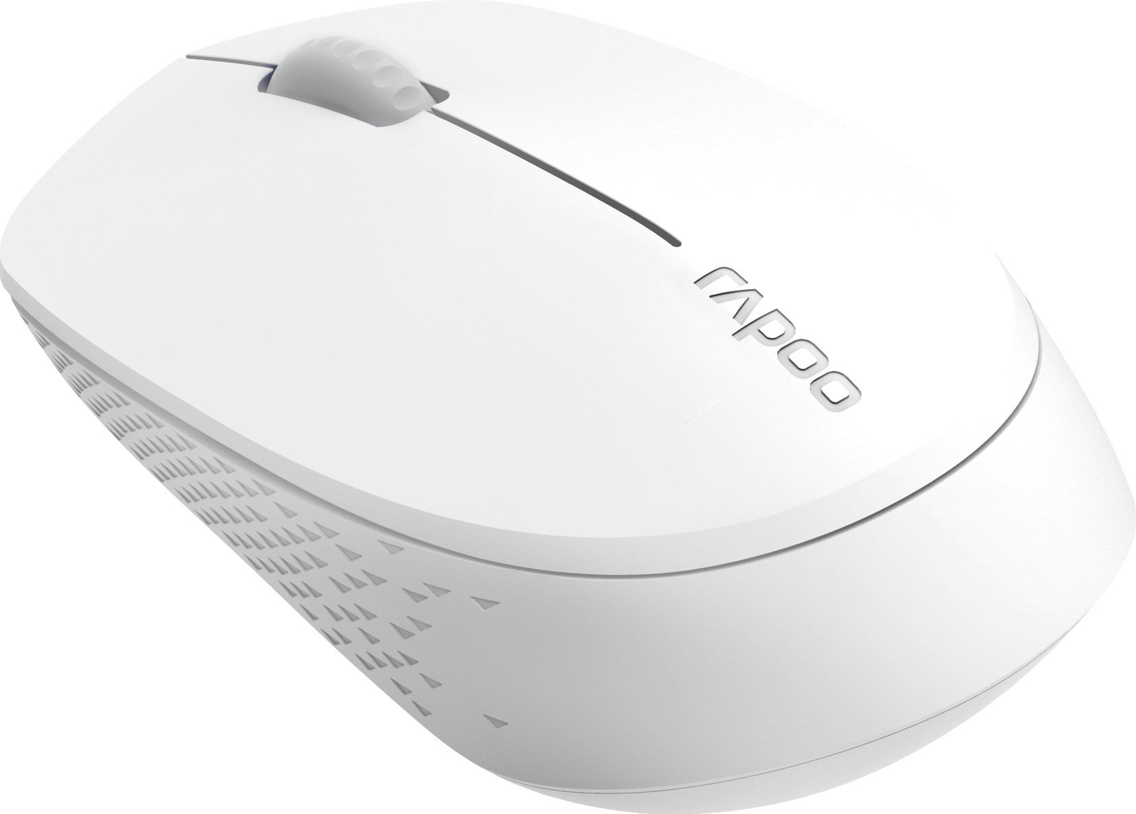 Mouse per computer bianco con rotella grigia e marchio Rapoo.